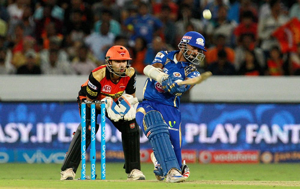 Mumbai Indians player Krunal Pandya plays a shot against Sunrisers Hyderabad during Indian Premier League (IPL) 2016 T20 match in Hyderabad.