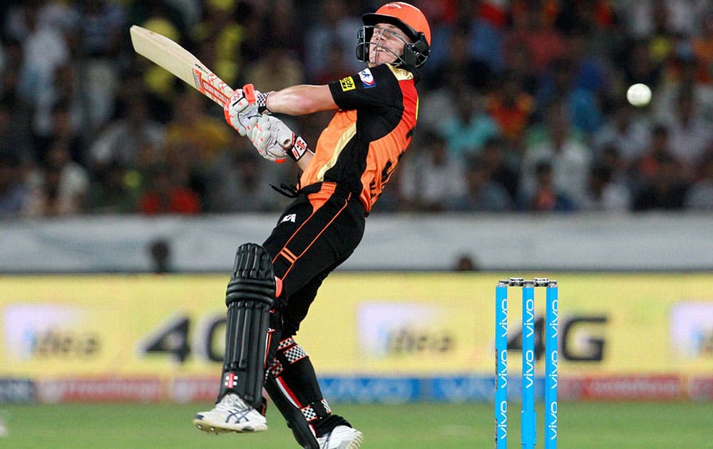 Sunrisers Hyderabad captain David Warner plays a shot against Mumbai Indians during Indian Premier League (IPL) 2016 T20 match in Hyderabad,