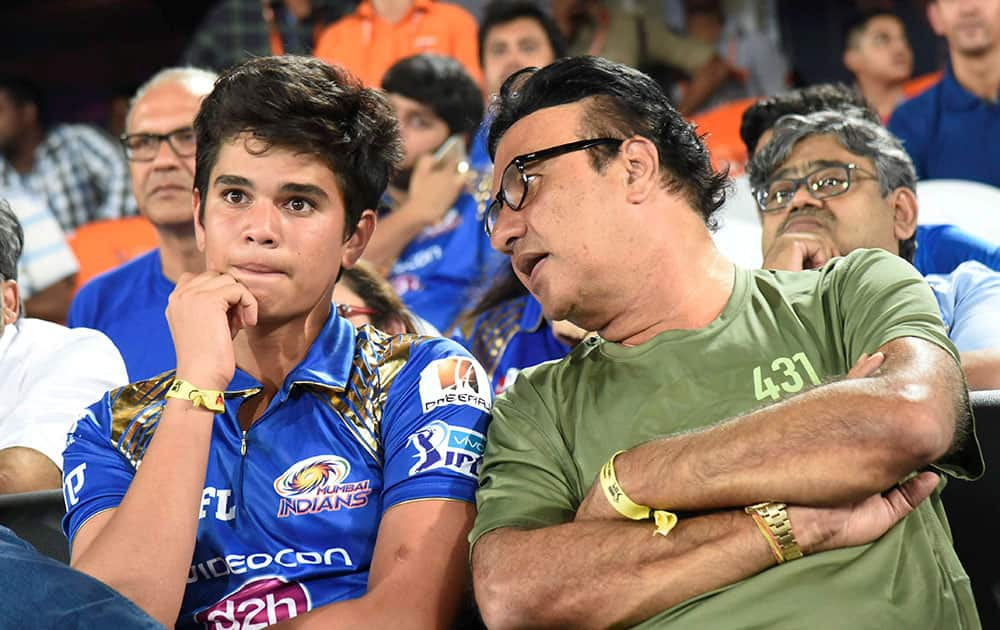 Arjun Tendulkar and Music composer Annu Malik during an Indian Premier League (IPL) 2016 T20 match between Sunrisers Hyderabad and Mumbai.