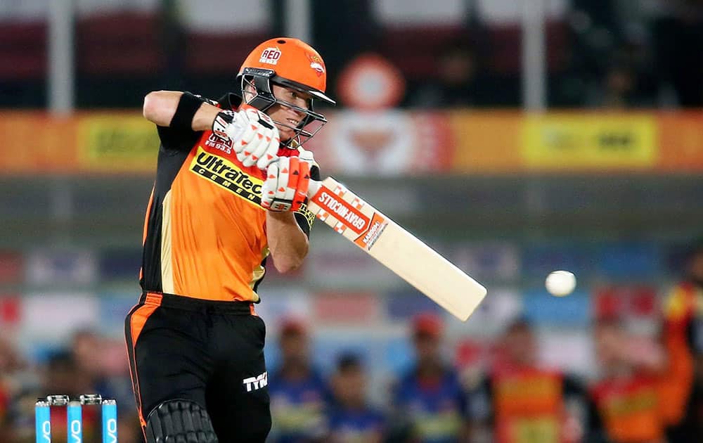 Sunrisers Hyderabad captain David Warner plays a shot against Mumbai Indians during Indian Premier League (IPL) 2016 T20 match in Hyderabad.