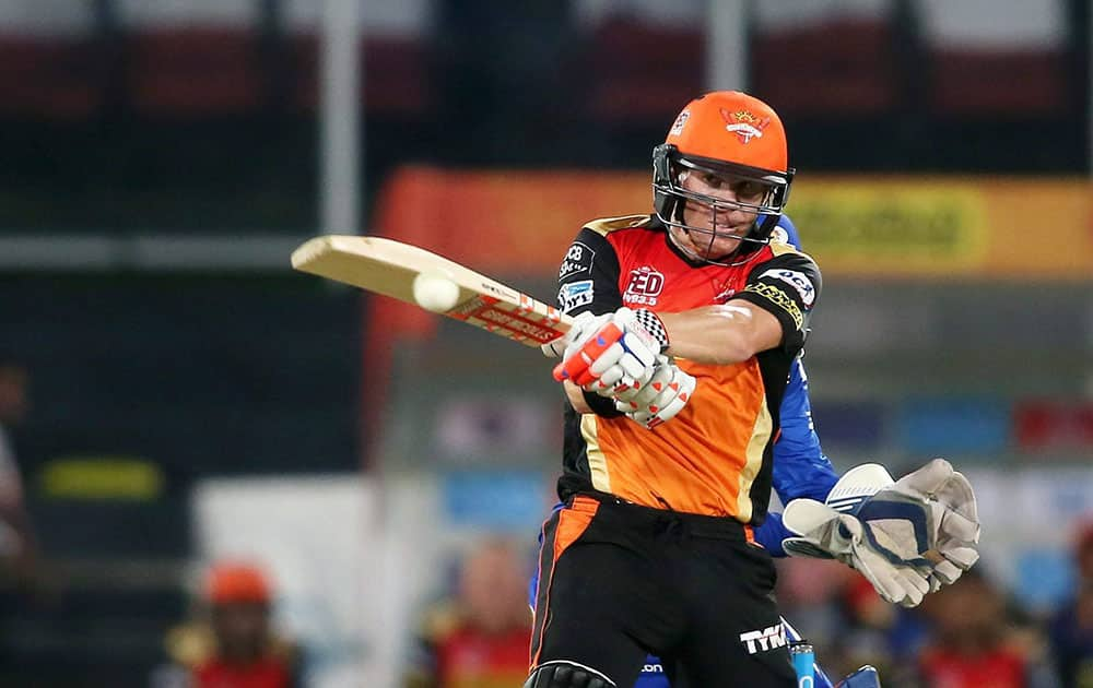 Sunrisers Hyderabad captain David Warner plays a shot against Mumbai Indians during Indian Premier League (IPL) 2016 T20 match in Hyderabad.