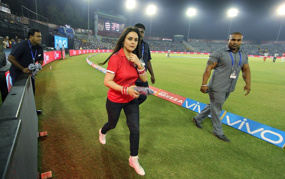 Kings XI Punjab co-owner Preity Zinta during the Indian Premier League ( IPL ) 2016 match between the Kings XI Punjab and Kolkata Knight Riders in Mohali.