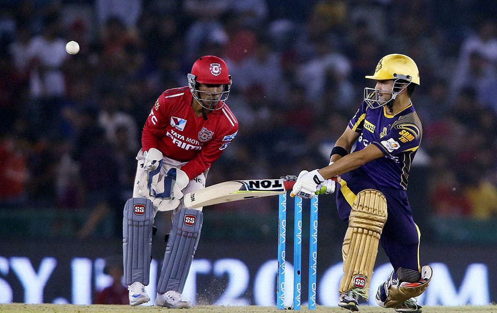 Kolkata Knight Riders captain Gautam Gambhir plays a shot against Kings XI Punjab during the Indian Premier League (IPL) 2016 T20 match , in Mohali .