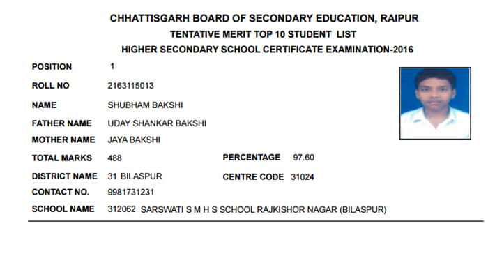 CGBSE Class 12th Higher Secondary School Certificate Examination 2016 Results: Shubham Bakshi tops with 97.60% marks