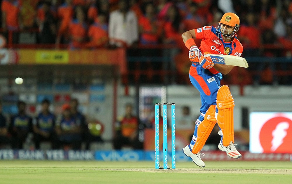 Suresh Raina of Gujarat Lions plays a shot agianst SRH during their IPL match in Rajkot.