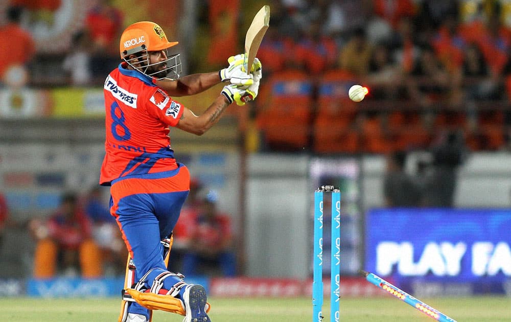 Ravindra Jadeja of Gujrat Lions bowled during their IPL match against Sunrisers Hyderabad in Rajkot.