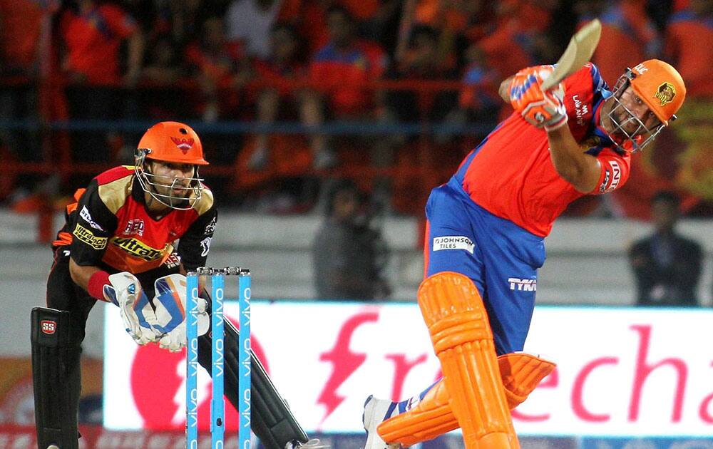 Suresh Raina of Gujarat Lions plays a shot agianst SRH during their IPL match in Rajkot.