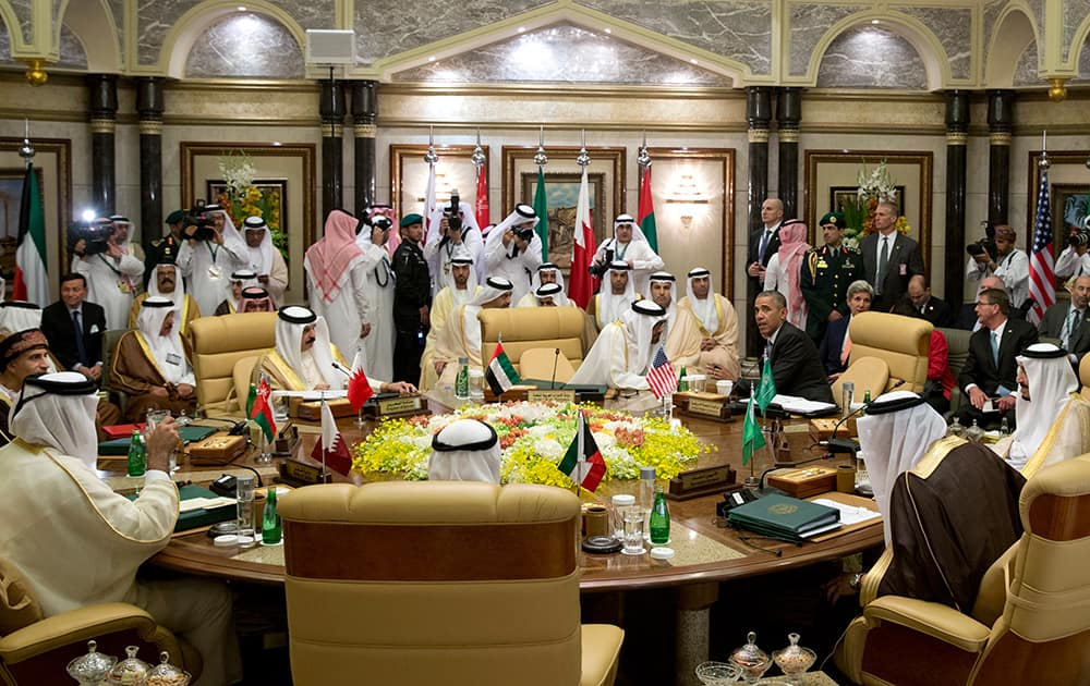 President Barack Obama, seated upper right, speaks with Abu Dhabi’s Crown Prince Sheikh Mohamed bin Zayed Al Nahyan during a Gulf Cooperation Council session during the Gulf Cooperation Council Summit in Riyadh, Saudi Arabia.