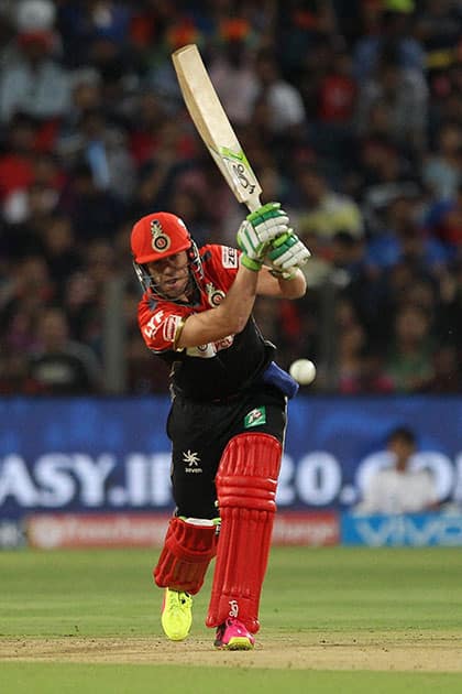 Royal Challengers Bangalores AB de Villiers plays a shot against Rising Pune Supergiants during their IPL match at the Maharashtra Cricket Associations International Stadium, Pune.