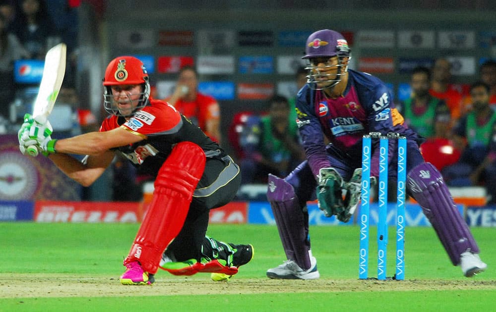 Royal Challengers Bangalores AB de Villiers plays a shot against Rising Pune Supergiants during their IPL match at the Maharashtra Cricket Associations International Stadium.