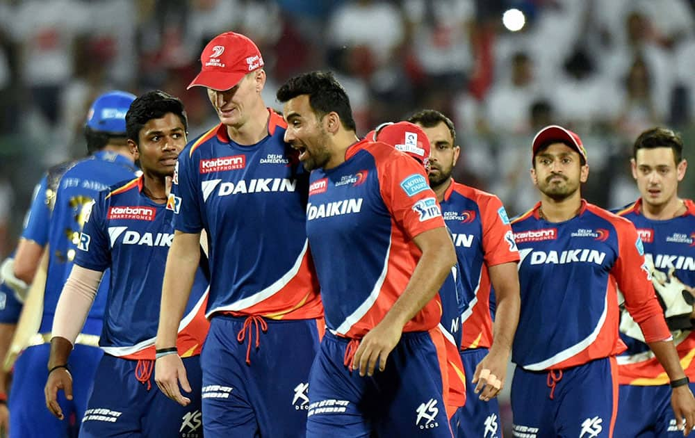 Delhi Daredevils players after their win over Mumbai Indians in the IPL T20 match in New Delhi.