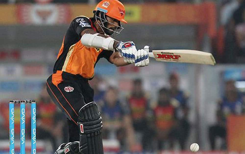 Shikhar Dhawan of Sunrisers Hyderabad plays a shot during IPL t-20 against Kings XI Punjab in Hyderabad.