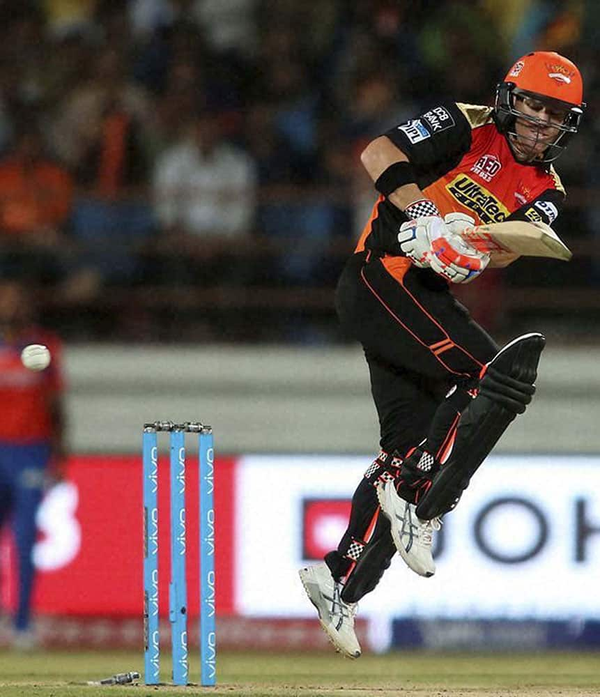 Sunrisers Hyderabad captain David Warner plays a shot during an IPL T-20 matcha against Kings XI Punjab in Hyderabad.