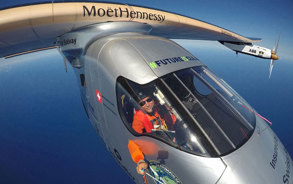 Piccard taking a selfie on board Solar Impulse 2 during a test flight over the Pacific Ocean. The solar-powered airplane on an around-the-world journey had traveled 80 percent of the way from Hawaii to California by Saturday, April 23. 