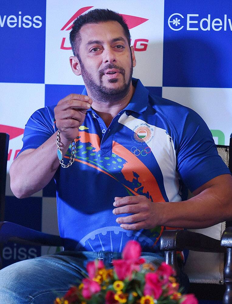 Bollywood actor Salman Khan speaks during a function where he was announced as Goodwill Ambassador of Indian contingent for Rio Olympics 2016, in New Delhi.