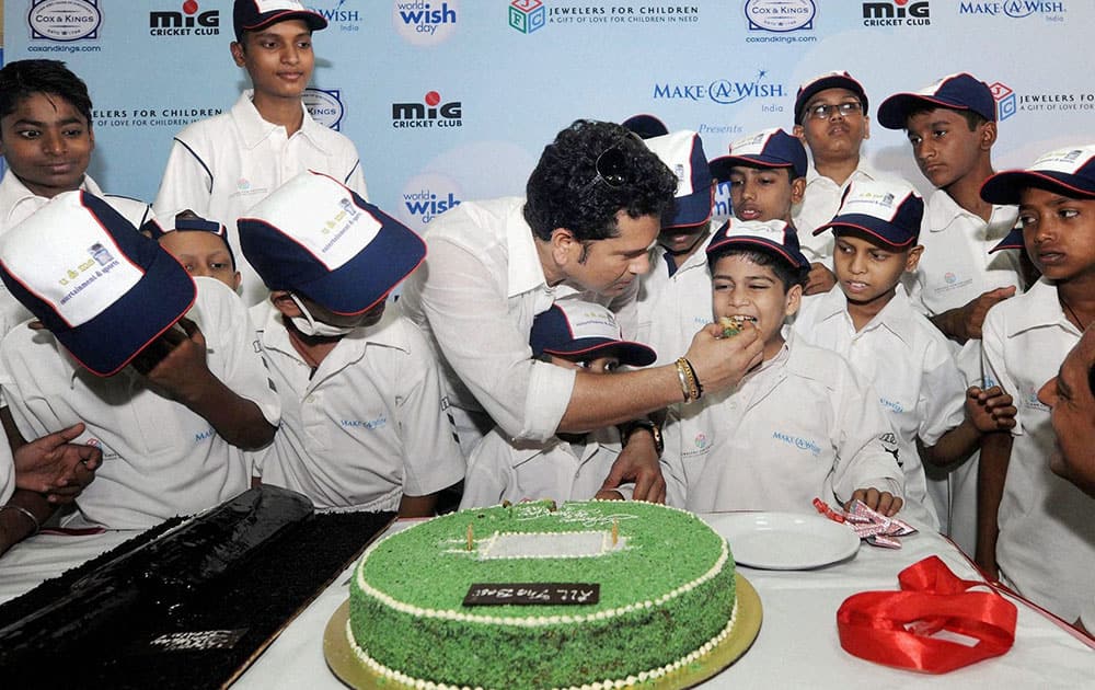 Master blaster Sachin Tendulkar celebrates his birthday with children from the Make-A-Wish India organisation in Mumbai.