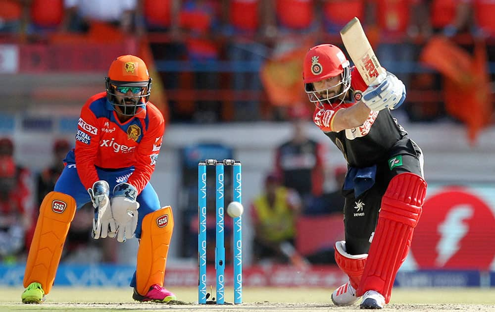 Virat Kohli captain of Royal Challengers Bangalore in action during match 19 of the Vivo IPL 2016 ( Indian Premier League ) between the Gujarat Lions and the Royal Challengers Bangalore held at Saurashtra Cricket Association Stadium, Rajkot.