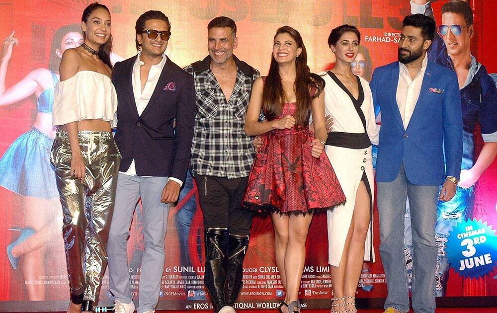 Bollywood actors Akshay Kumar, Abhishek Bachchan, Riteish Deshmukh, Jacqueline Fernandez, Nargis Fakhri, Lisa Haydon during the trailer launch of film Housefull 3 in Mumbai.