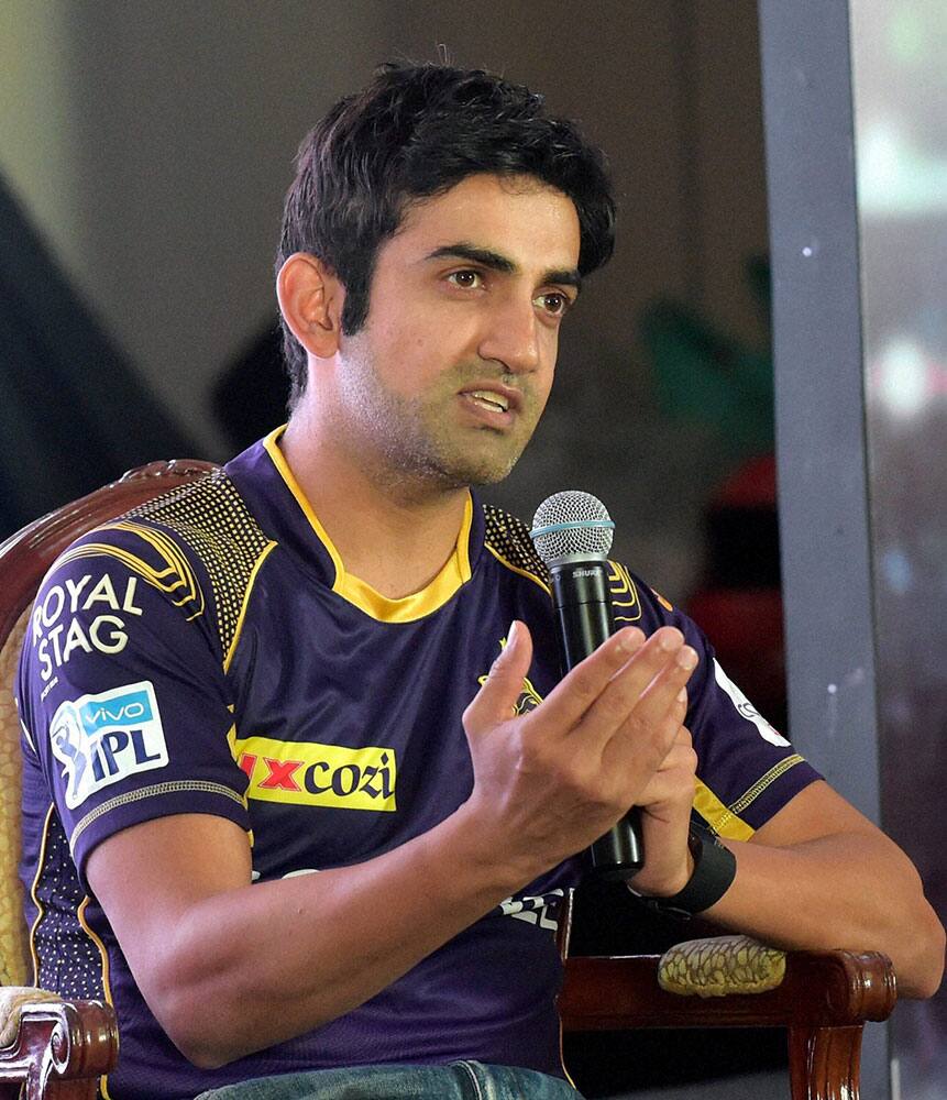 Kolkata Knight Riders captain Gautam Gambhir interacts with media during the launch of Sansui new TV series in Mumbai.