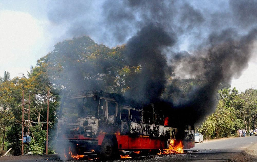 A Maharashtra State Transport bus catches fire at Panvel in Mumbai.