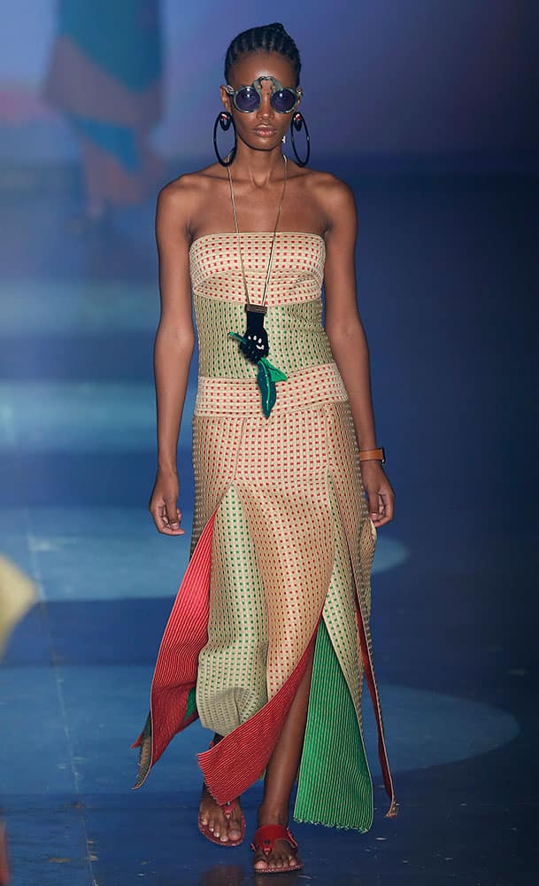 A model wears a creation from the Ronaldo Fraga collection during the Sao Paulo Fashion Week.