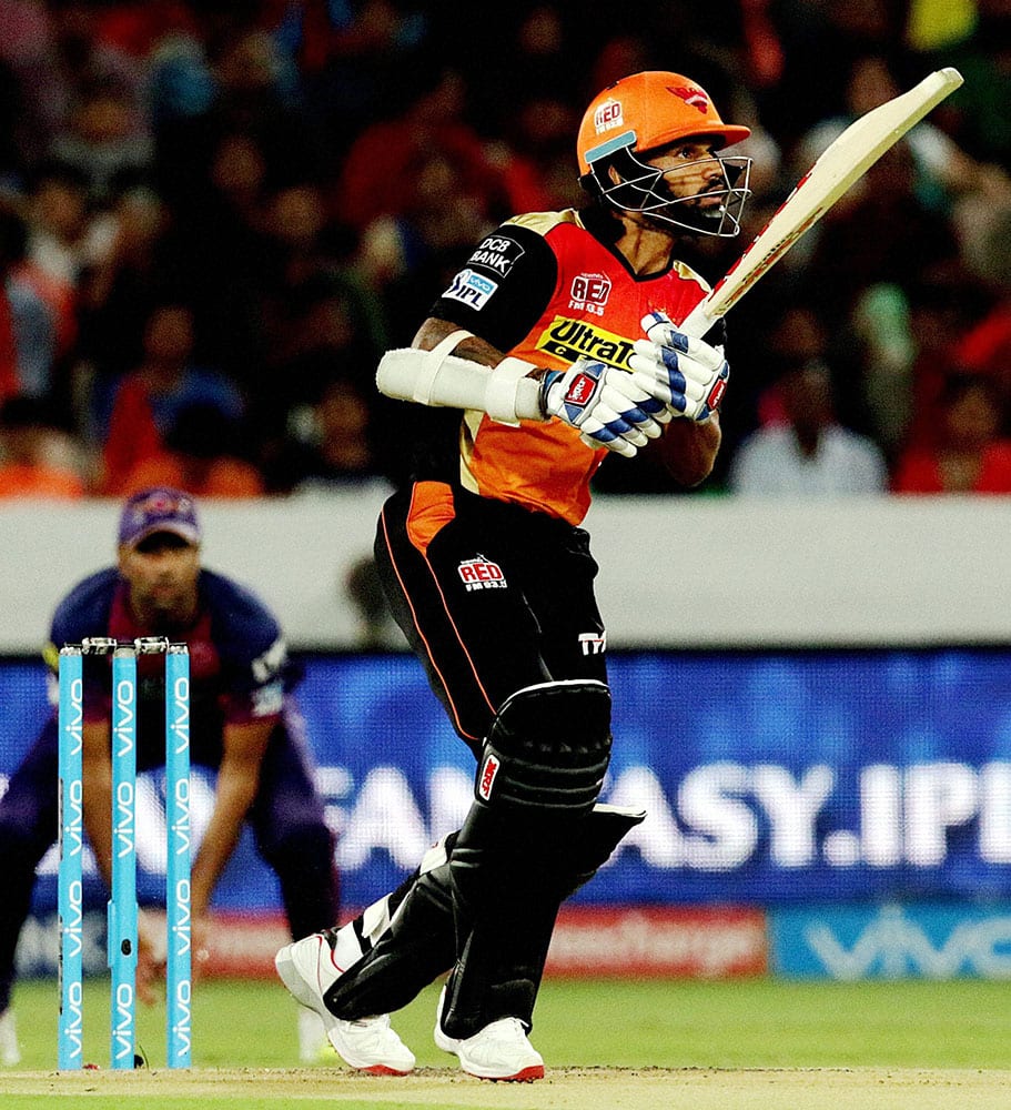 Shikhar Dhawan of Sunrisers Hyderabad plays a shot during an IPL T-20 match against Pune Supergiants in Hyderabad.