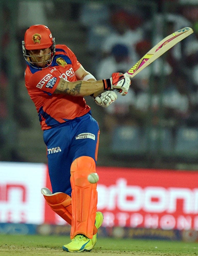 Gujarat Lions batsman B MacCullum plays a shot during an IPL T20 match between Delhi Daredevils v Gujarat Lions at Ferozshah Kotla in New Delhi.