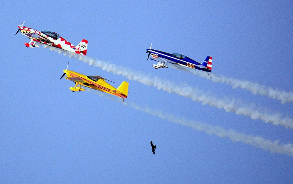 Aircrafts of the British aerobatics team Global Stars fly past birds during the rehershal of an air show in Ahmedabad.