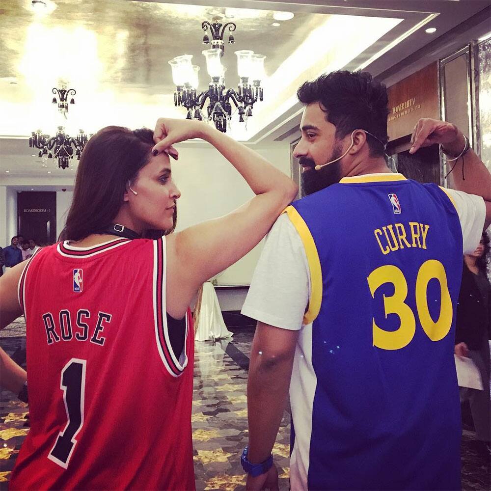 neha dhupia :- @nba ready ... With @rannvijaysingha @nba -instagram