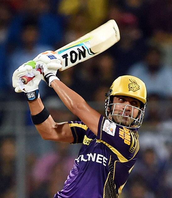 Kolkata Knight Riders batsman Gautam Gambhir plays a shot during the IPL match against Mumbai.