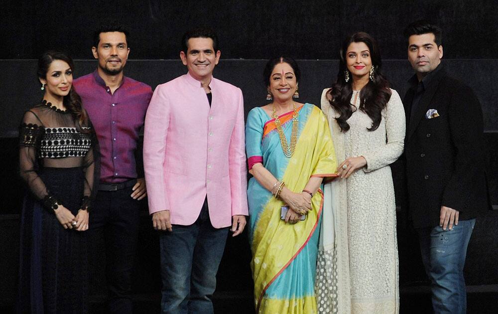 Bollywood Actors Aishwarya Rai Bachchan, Malaika Arora Khan, Randeep Hooda, Kirron Kher and director & producer Karan Johar during the promotion of their film Sarabjit at a TV show set.