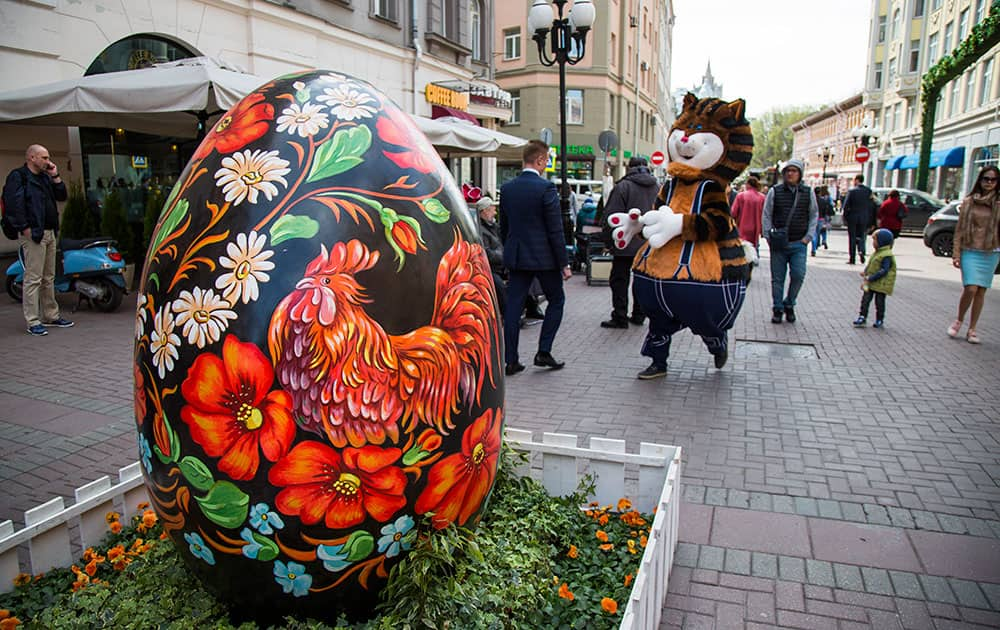 A big Easter egg is installed as part of decorations for Orthodox Easter in Arbat Street in Moscow, Russia.