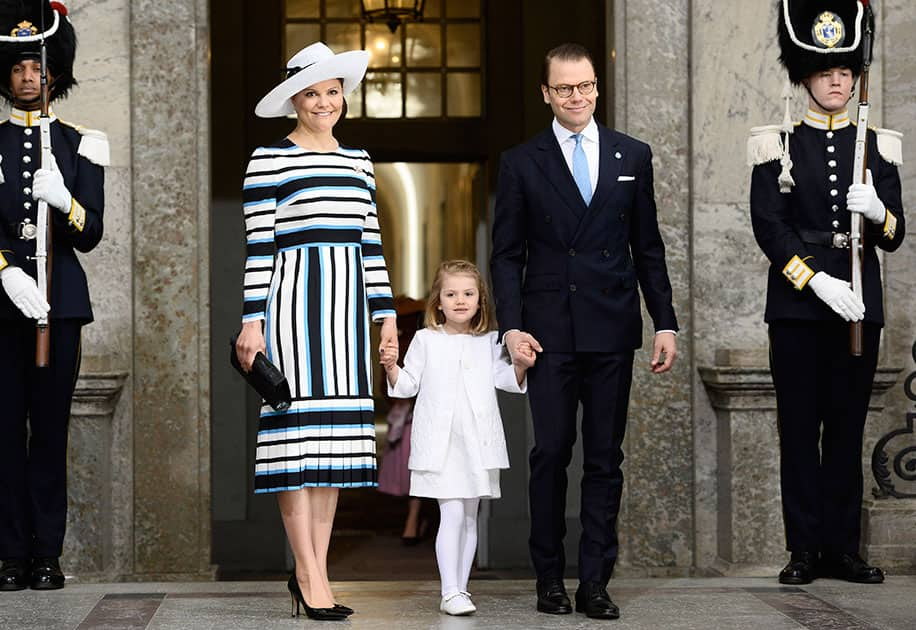 Sweden's Crown Princess Victoria, Princess Estelle and Prince Daniel arrive for the Te Deum thanksgiving service in the Royal Chapel, during King Carl XVI Gustaf of Sweden's 70th birthday celebrations, in Stockholm, Sweden.