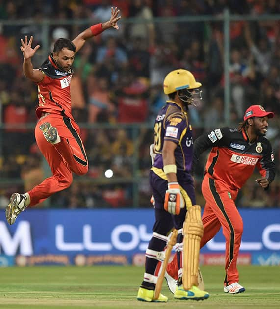 Royal Challengers Bangalore Stuart Binny celebrates the wicket of Robin Uthappa during the IPL 2016 match against Kolkata Knight Riders in Bengaluru.