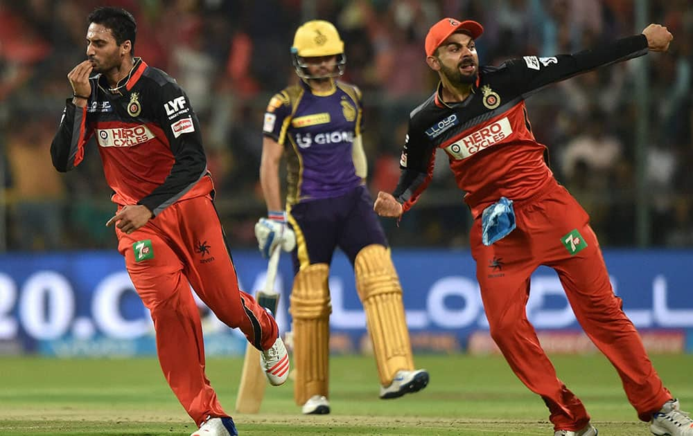 Royal Challengers Bangalore S Aravind celebrates the wicket of Gautam Gambhir during the IPL 2016 match against Kolkata Knight Riders in Bengaluru.