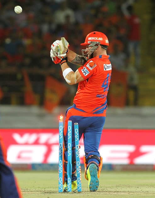 Brendon McCullum of Gujarat Lions gets clean bowled by Delhi Daredevils Zaheer Khan during an IPL 2016 match in Rajkot.