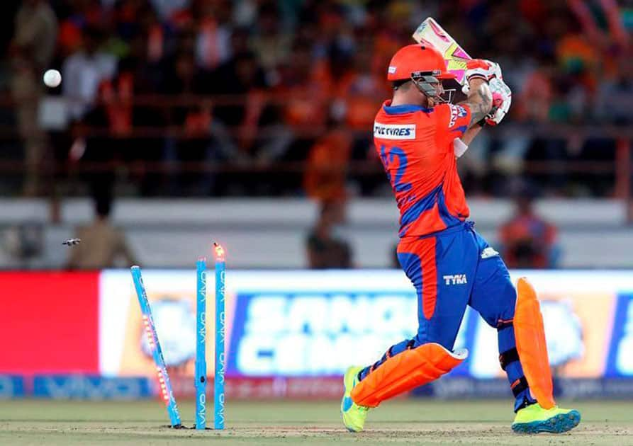 Brendon McCullum of Gujarat Lions gets clean bowled by Delhi Daredevils Zaheer Khan during an IPL 2016 match in Rajkot.