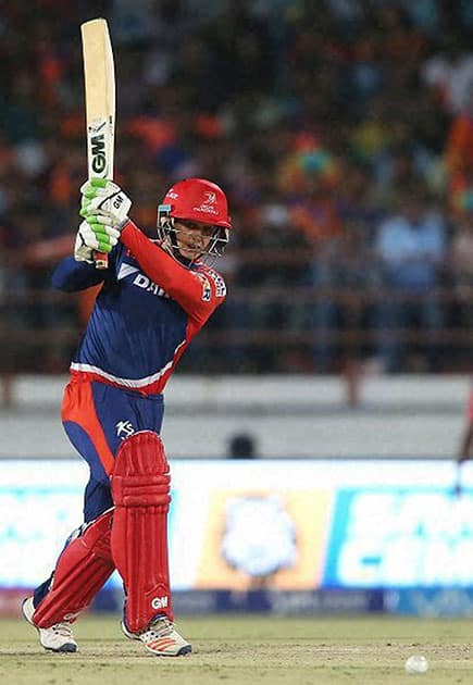 Quinton de Kock of Delhi Daredevils plays a shot during IPL 2016 match against Gujarat Lions in Rajkot.