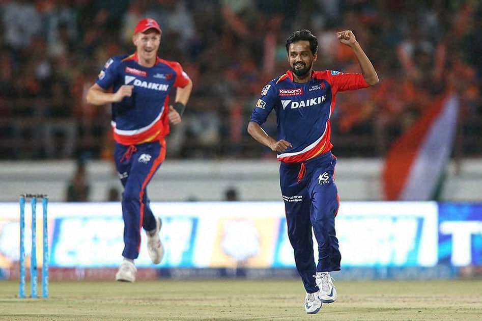 Shahbaz Nadeem of Delhi Daredevils celebrates getting Aaron Finch of Gujarat Lions wicket during an IPL match in Rajkot.