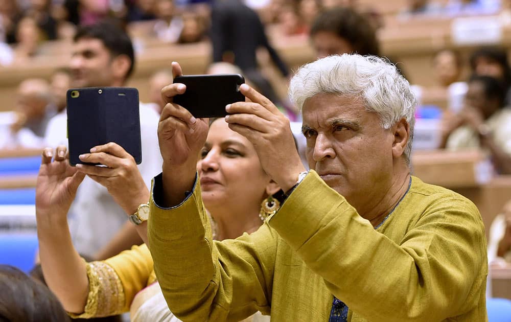 Bollywood lyricist Javed Akhtar with wife actress Shabana Azmi at the 63rd National Film Awards 2015 function in New Delhi.