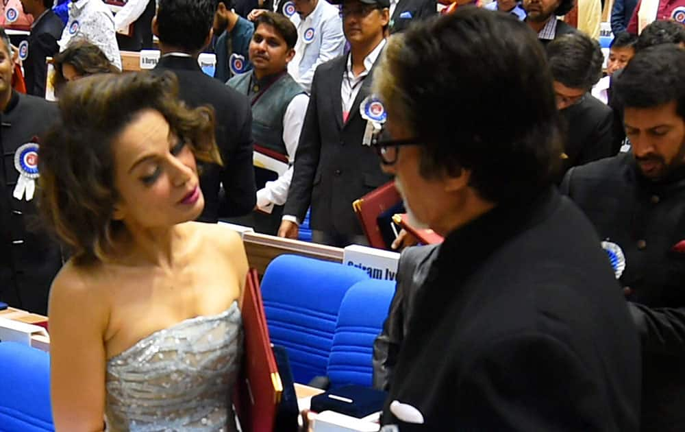 Winner of Best Actor award Amitabh Bachchan and Best Actress award Kangna Ranaut at the 63rd National Film Awards 2015 function in New Delhi .
