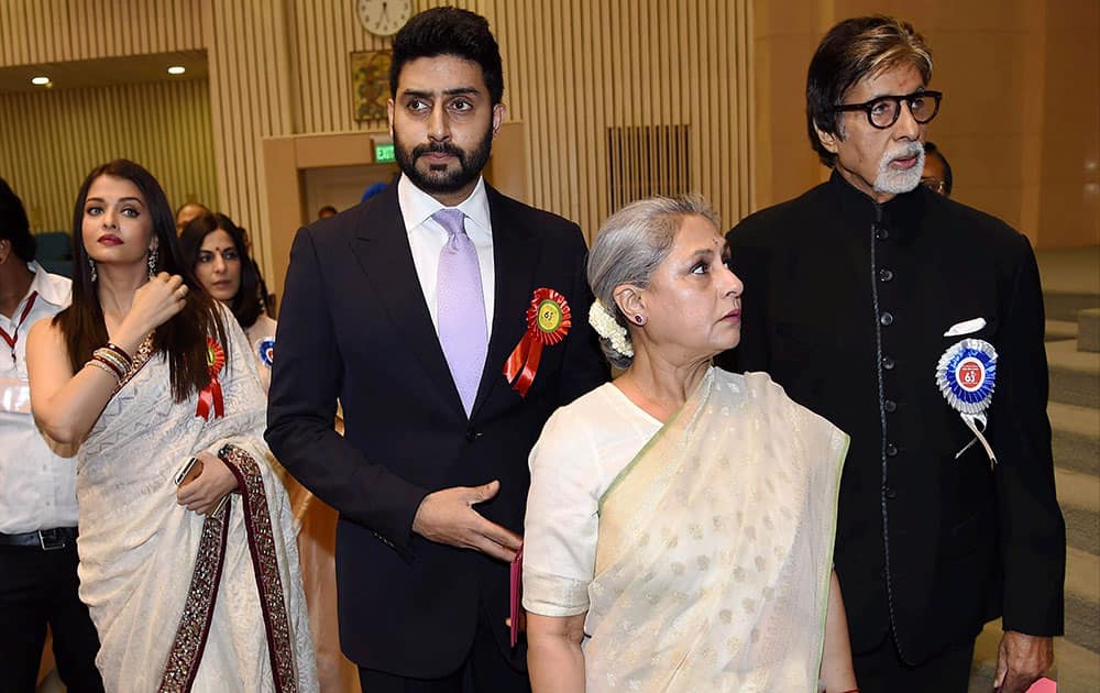 Winner of Best Actor award Amitabh Bachchan arrives with the family members Jaya Bachchan, Aishwarya Rai Bachchan and Abhishek Bachchan at the 63rd National Film Awards 2015 function in New Delhi.