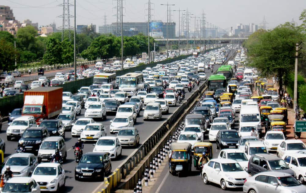 Vehicles get stuck in a heavy traffic jam at Delhi-Gurgaon Expressway near Shankar Chowk flyover in Gurgaon.