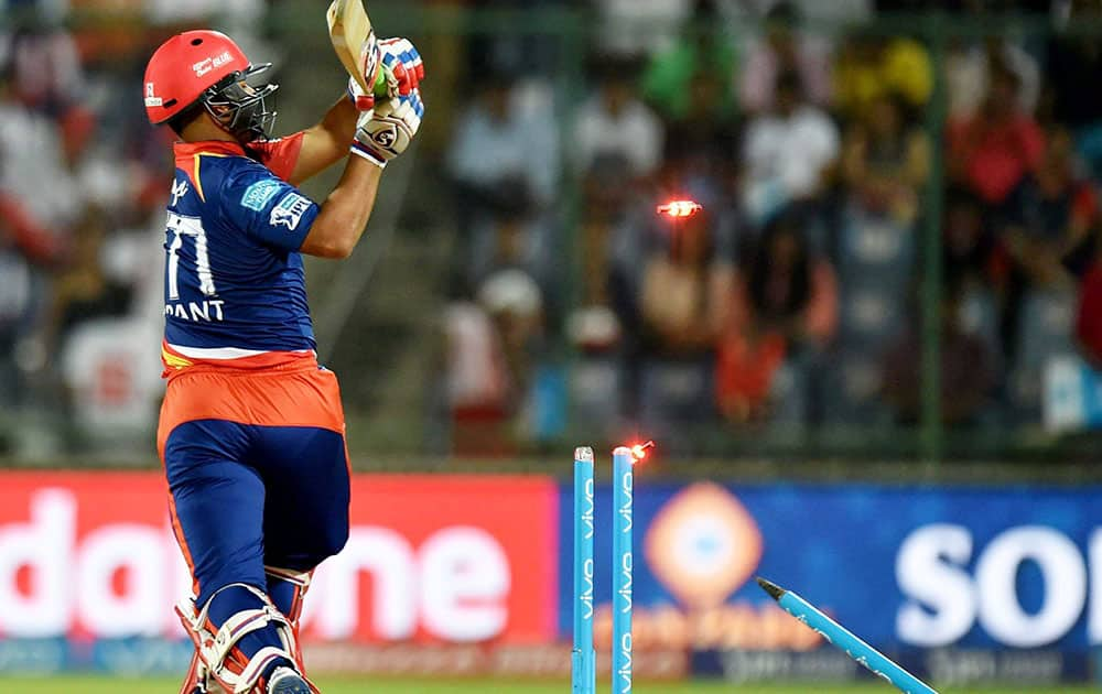 Delhi Daredevils player R R Pant gets clean bowled during IPL match against Rising Pune Supergiants at Ferozshah Kotla ground in New Delhi.