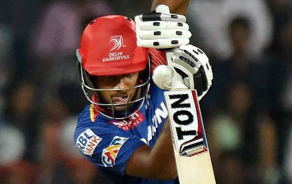 Delhi Daredevils player Sanju Samson plays a shot during IPL match against Rising Pune Supergiants at Ferozshah Kotla in New Delhi.