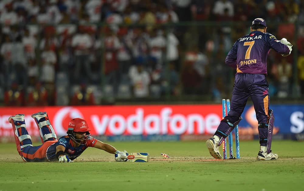 Delhi Daredevils batsman J P Duminy being run out during IPL Match T20 match against Rising Pune Supergiants in New Delhi.