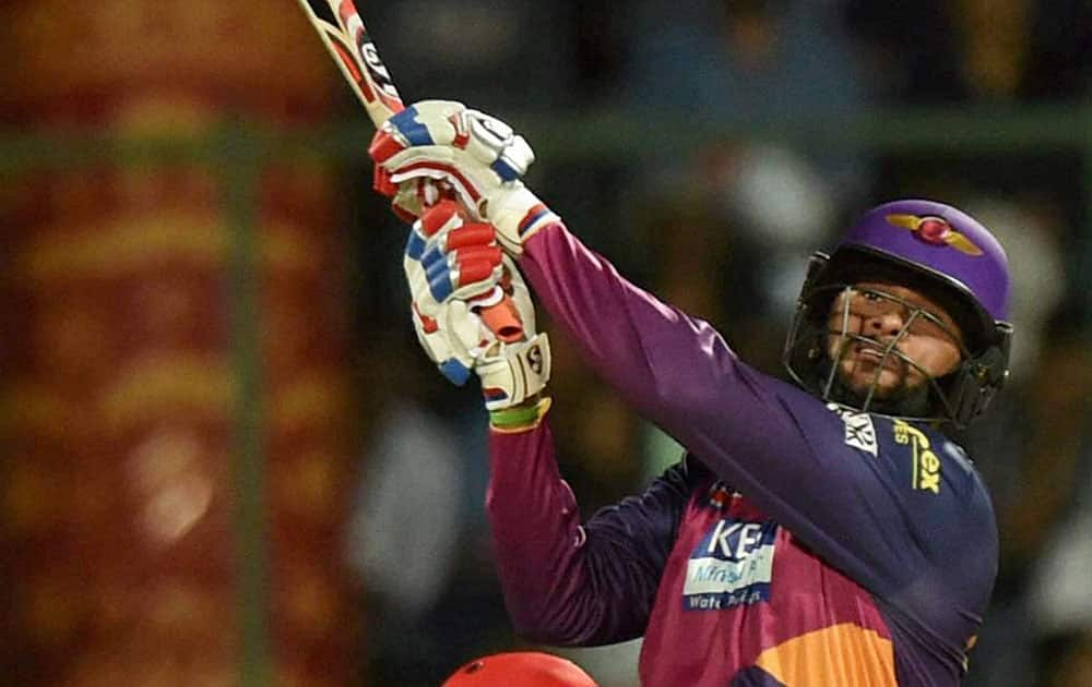 Rising Pune Supergiants player S Tiwari plays a shot during an IPL T20 match against Daredevils in New Delhi