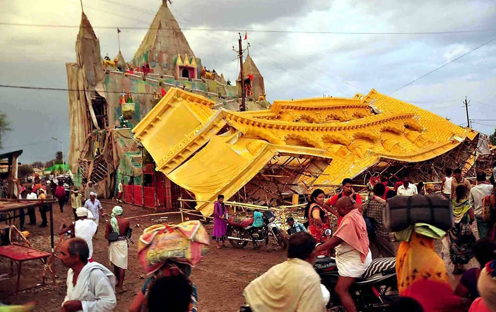 A view of damaged pandal after heavy rains and storm during Simhashta Maha Kumbh Mela in Ujjain.
