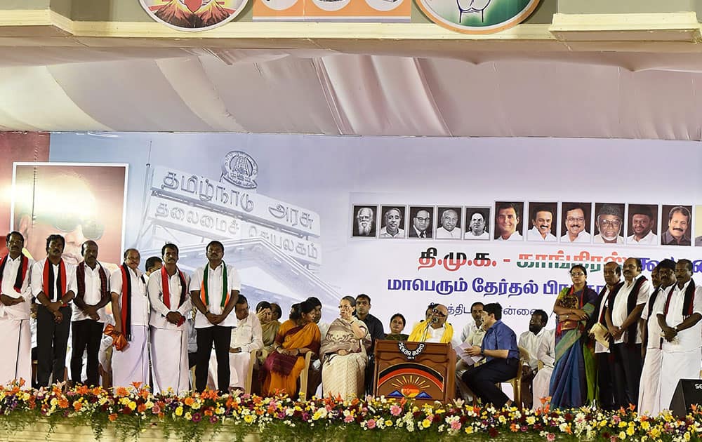 DMK Chief M Karunanidhi along with Congress President Sonia Gandhi addressing at an election rally ahead of Tamil Nadu legislative assembly elections, at Island ground in Chennai.