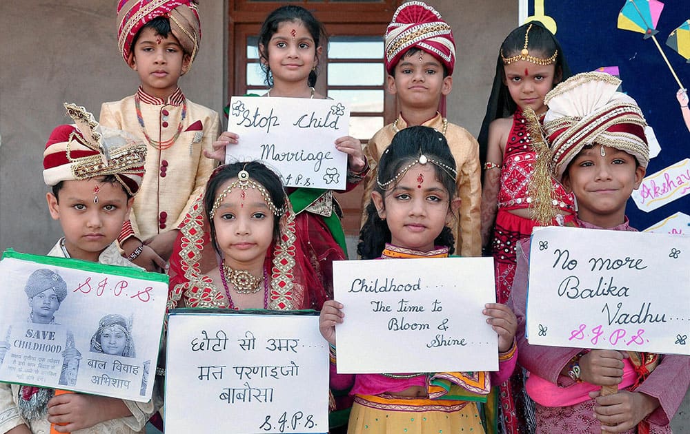 School children taking part in an awareness campaign to stop child marriages during Akshaya Tritiya in Bikaner, Rajasthan.